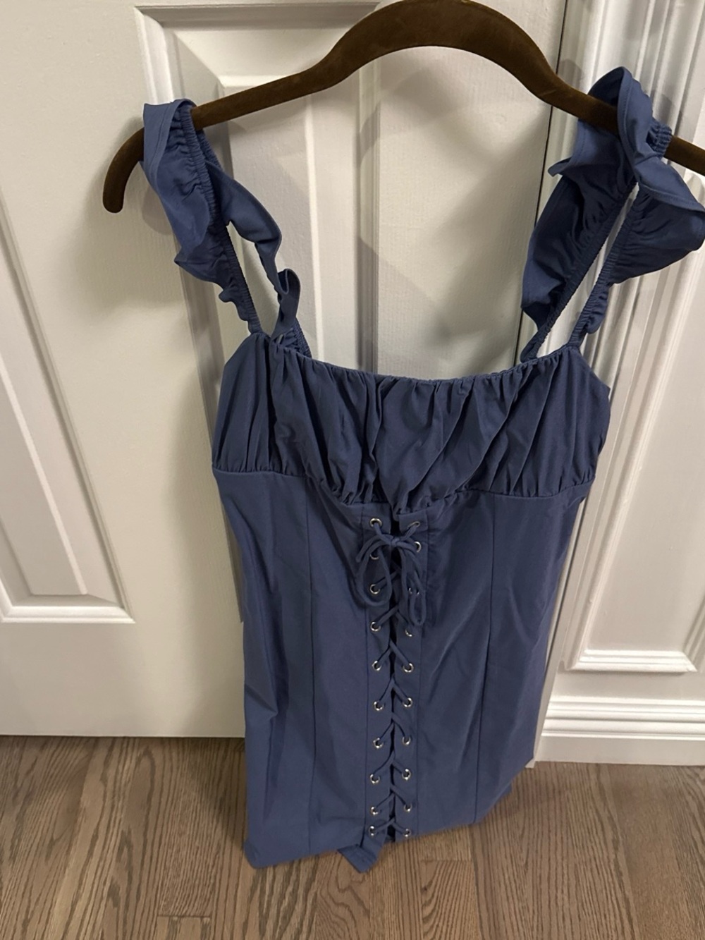 Blue Blush Dusty Blue Dress with Lace-Up Detail and lots of stretch.